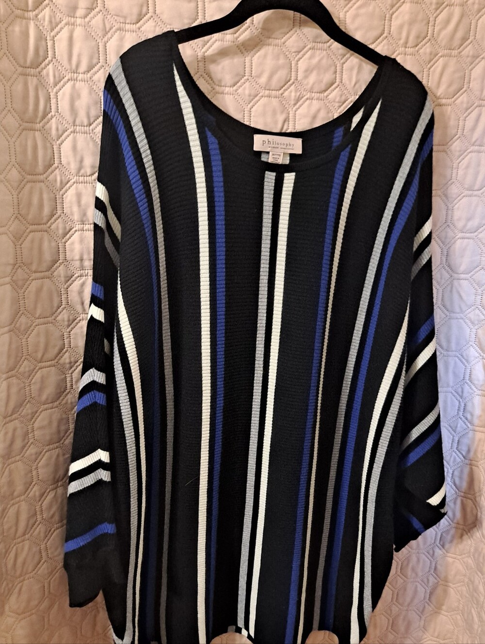 Philosophy Black Tunic with Blue, White & Gray Stripes Sz 3X